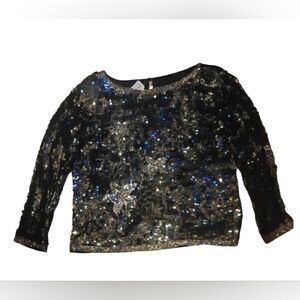 Black Sequin Floral Long-Sleeve  Women's Top
